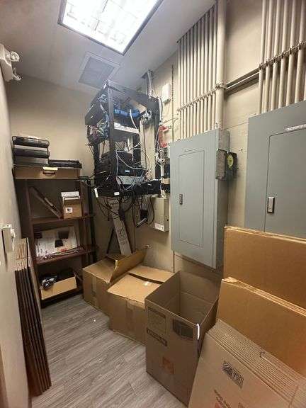 Contents of Room including Moving Boxes, Wood Shelving and Office Accessories (electronic equipment 