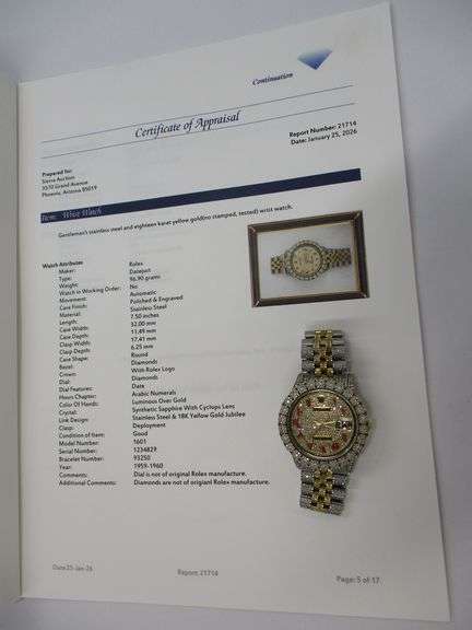 Gentlemens Stainless Steel and 18k Rolex Datejust Watch  w/Appraisal