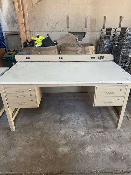 Workplace Systems 5 Drawer Desk/Work Metal Table with Electrical Outlets on Metal Back Plate 72" x 3