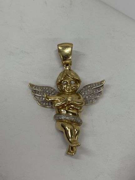 10KT Angel Pendant W/ Diamond Chips .35 DTW 11.23 Grams