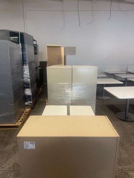 (P) (5) Pallets of Office Furniture Metal & Wood & A 2 Door & (1) Drawer Wooden Cart On Wheels