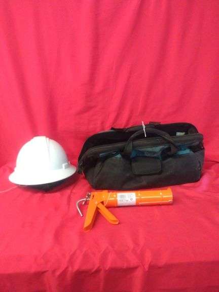 Box With Assorted Tools Including Construction Hat, Caulk Gun, Sockets ...