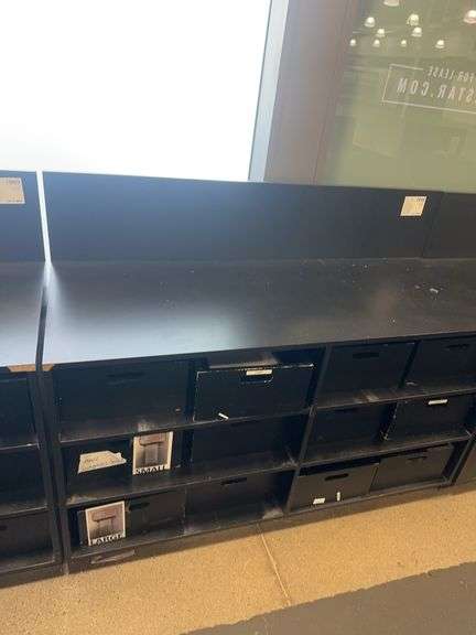 Black Wooden Work Stand 6 Shelves & 12 wooden storage crates 60” W x 24” D x 45  1/2” H