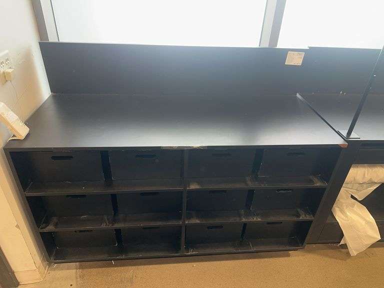 Black Wooden Work Stand 6 Shelves & 12 wooden storage crates 60” W x 24” D x 45  1/2” H