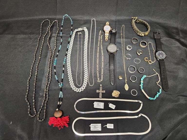 2 (Qty) Sterling Silver Herringbone Chains and Assorted Costume Jewelry