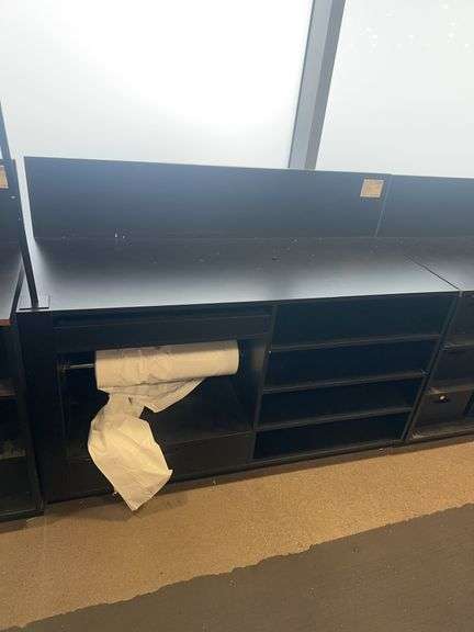 Black Wooden Work Stand With 2 Drawers, 4 Shelves & A Spool For Bags 60” W x 24” D x 45  1/2” H