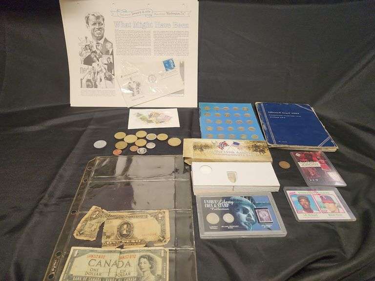 1 (Qty) Bag With Assorted Foreign Currency,  Collectible Coins , Stamps And Sports Cards (Unauthenti