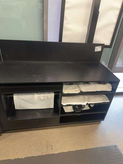Black Wooden Work Stand With 2 Drawers, 4 Shelves & A Spool For Bags 60” W x 24” D x 45  1/2” H
