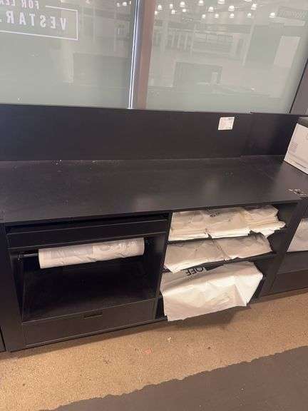 Black Wooden Work Stand With 2 Drawers, 4 Shelves & A Spool For Bags 60” W x 24” D x 45  1/2” H