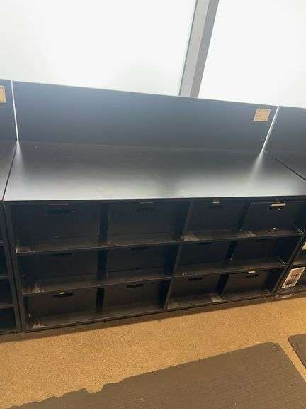 Black Wooden Work Stand 6 Shelves & 12 wooden storage crates 60” W x 24” D x 45  1/2” H
