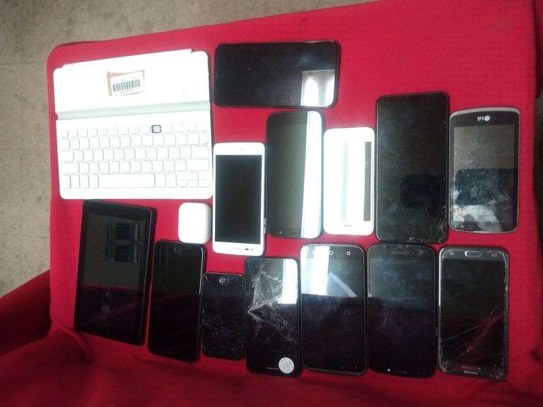 Various Cellphones: iPhones, Androids, Air Pods, Keyboard, Kindle