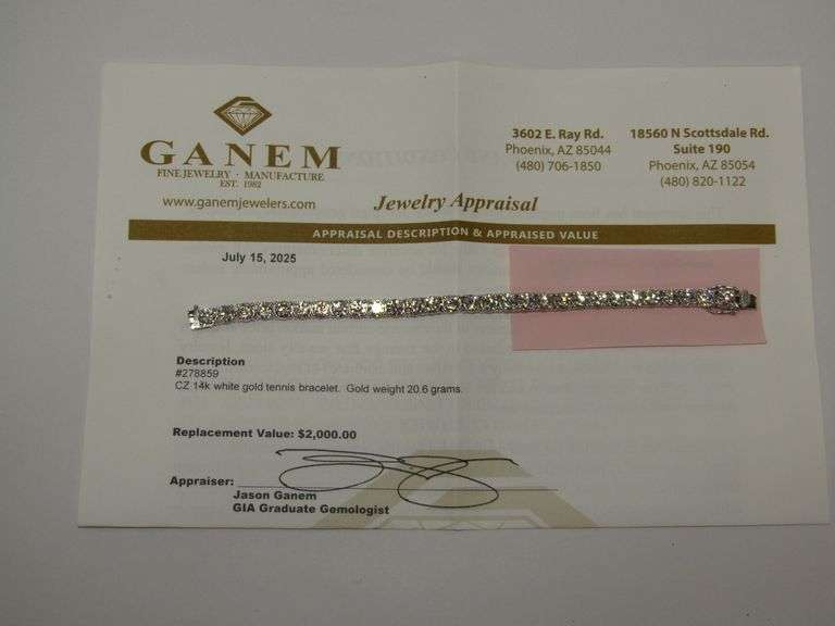 14k WG CZ Bracelet 20.6g W/Appraisal