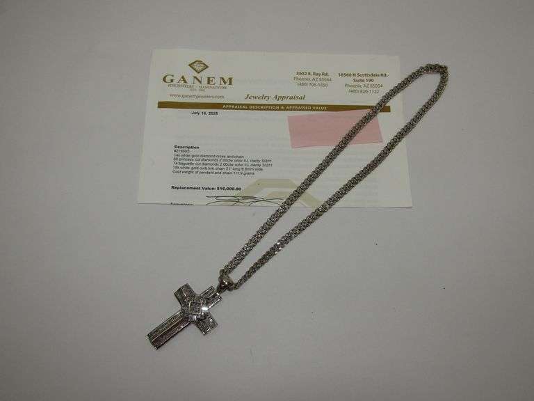 14k WG Diamond Cross and Chain 111.9gtw  W/Appraisal