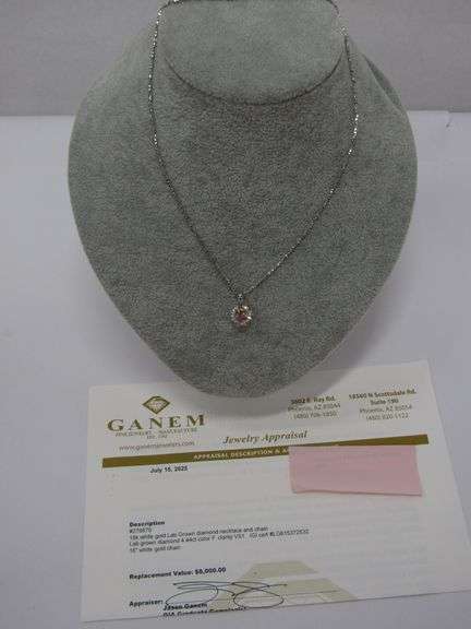 18K WG Lab Diamond Pendant, 18" Necklace w/Appraisal