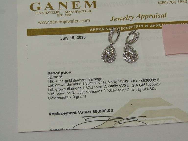 18k WG Lab Diamond Earrings 7.9gtw w/Appraisal