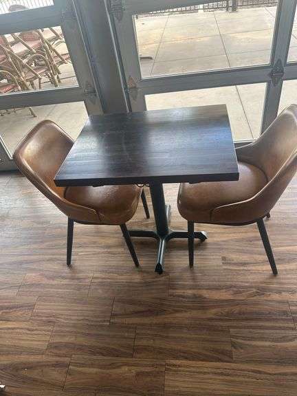 Two top, wooden top tables w/prong base, w/2 Seating Hub Premium Mauro Bucket Chairs. (Table 29.5" x