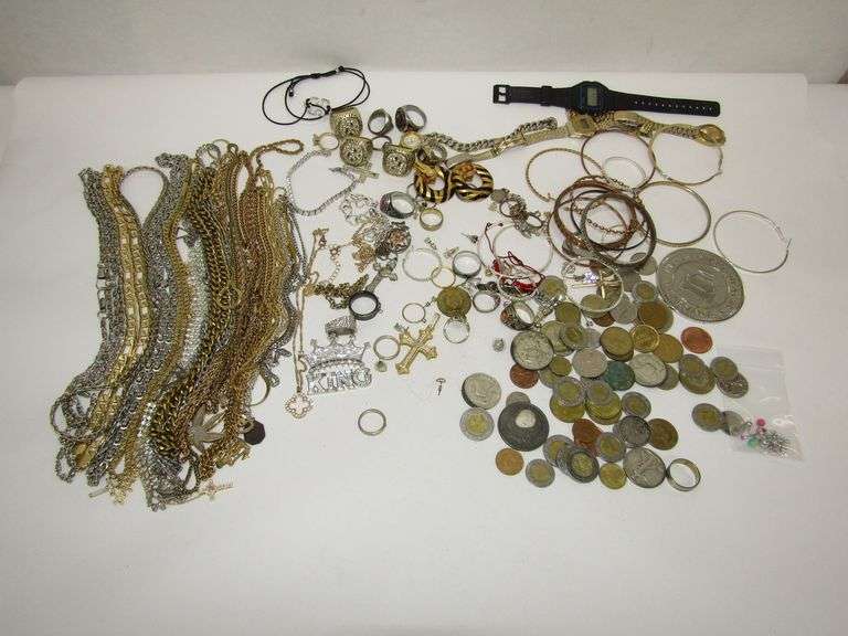 Assorted Costume Jewelry + Watches and Coins
