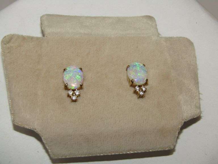 14k Opal & Diamond Stud Earrings 4.7g