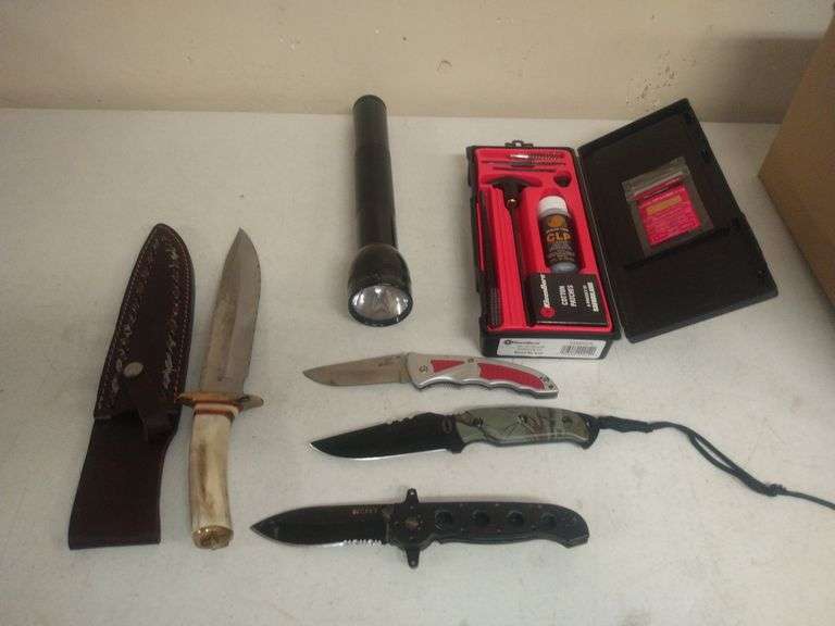 (1 Qty) Kleenbore Gun Cleaning Kit, (1 Qty) Mag Light Flashlight, (4 Qty) Knives