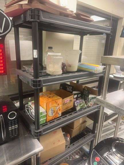 5-Tier Plastic Shelves 35” x 17” x 74” With (Contents To Bags, Gloves, Sugar Packets, Creamer, Straw