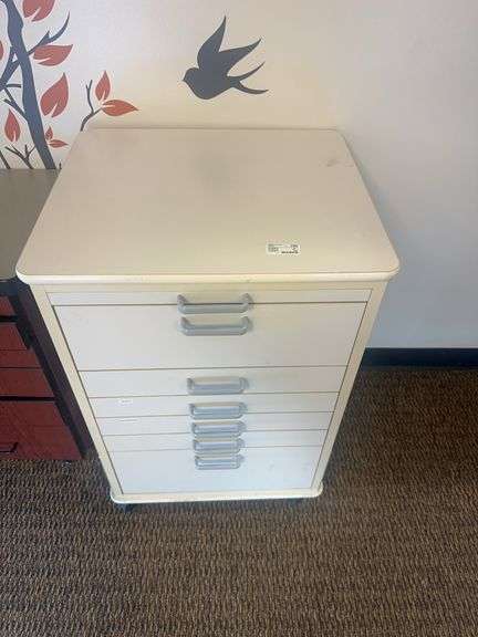 White Dental Assistants 5 Drawer Cabinet On Wheels 21 1/2” x 18 1/2” x 32” With All Contents ( WINNI