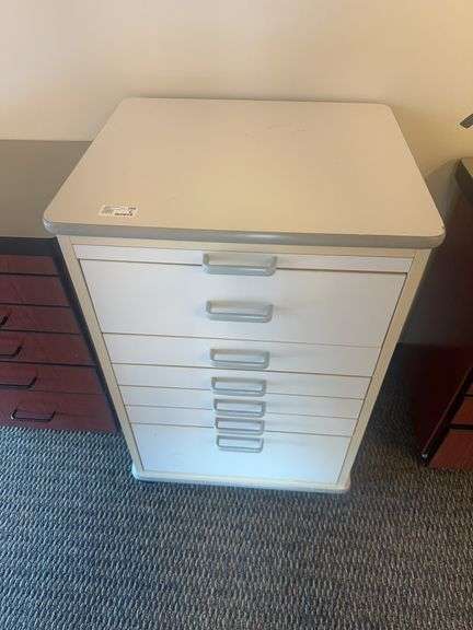 White Dental Assistants 5 Drawer Cabinet On Wheels 21 1/2” x 18 1/2” x 32” With All Contents ( WINNI