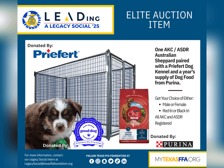 Aussie Puppy, Priefert Kennel, & Year Supply of Purina Dog Food donated by  TK Aussies, Priefert, an