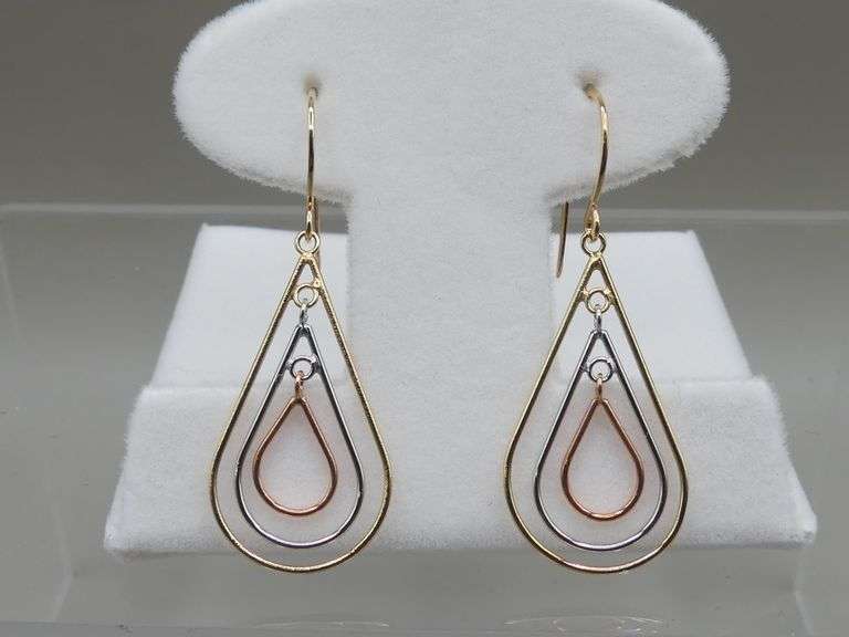 14K TRICOLOUR GOLD TEARDROP DANGLE EARRINGS