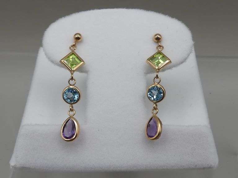 PAIR 14K GOLD GEMSTONE DROP EARRINGS