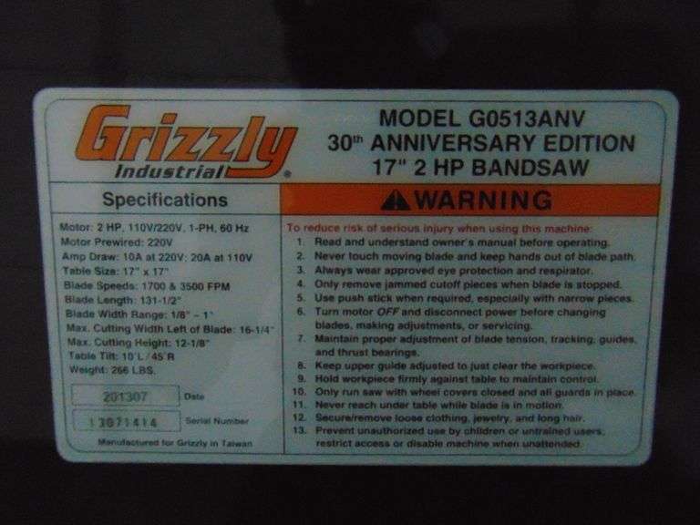 Grizzly G0513ANV 17" Bandsaw