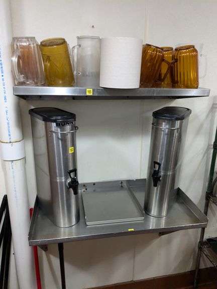 Lot of 2 stainless tea urns and 12 pitchers