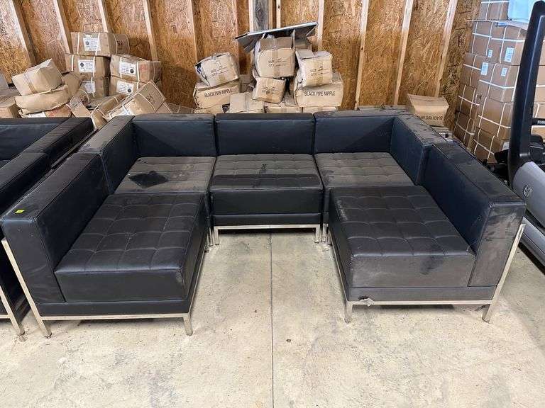 Modular Black Faux Leather Sectional Seating with Chrome Legs