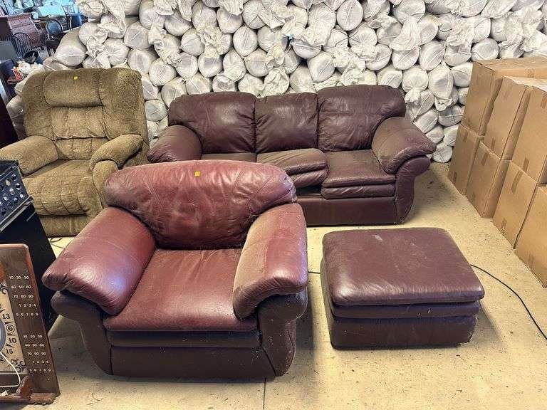 Burgundy Leather Sofa, Armchair, and Ottoman