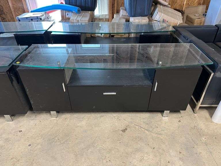 Black Media Console with Glass Top and Storage