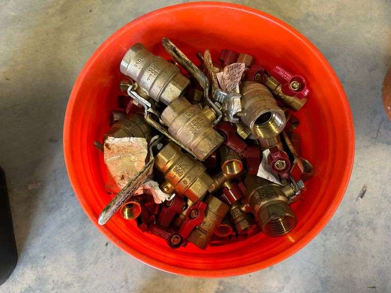 Bucket of Brass Valves, Mostly 3/4 Inch Gas Valves