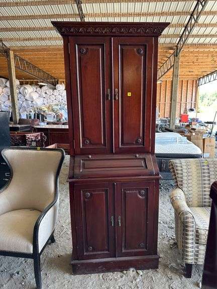 Mahogany Tall Cabinet with Storage and Drop-Front Desk