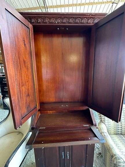 Mahogany Tall Cabinet with Storage and Drop-Front Desk