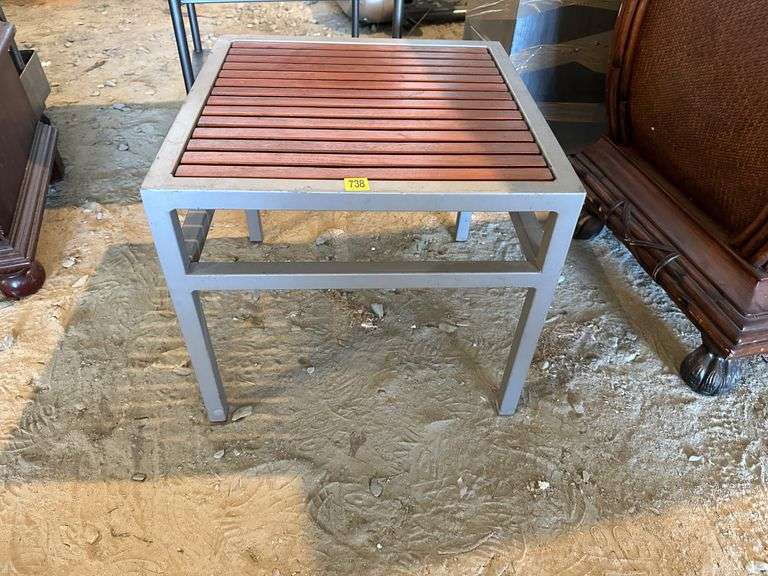 Square Metal and Wood Outdoor Side Table