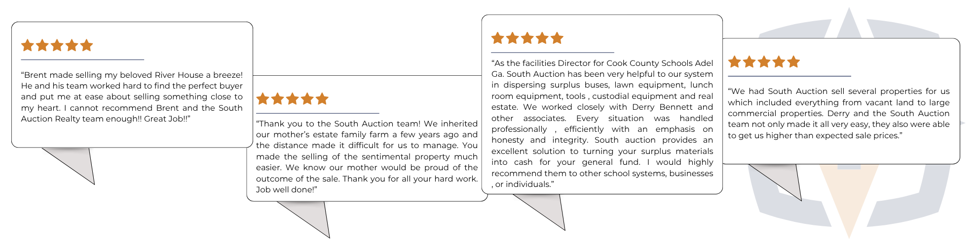 Hear from Past Sellers “Brent made selling my beloved River House a breeze! He and his team worked hard to find the perfect buyer and put me at ease about selling something close to my heart. I cannot recommend Brent and the South Auction Realty team enough!! Great Job!!”  Thank you to the South Auction team! We inherited our mother’s estate family farm a few years ago and the distance made it difficult for us to manage. You made the selling of the sentimental property much easier. We know our mother would be proud of the outcome of the sale. Thank you for all your hard work. Job well done!  “As the facilities Director for Cook County Schools Adel Ga. South Auction has been very helpful to our system in dispersing surplus buses, lawn equipment, lunch room equipment, tools , custodial equipment and real estate. We worked closely with Derry Bennett and other associates. Every situation was handled professionally , efficiently with an emphasis on honesty and integrity. South auction provides an excellent solution to turning your surplus materials into cash for your general fund. I would highly recommend them to other school systems, businesses , or individuals. Larry Young Cook County Schools  We had South Auction sell several properties for us which included everything from vacant land to large commercial properties. Derry and the South Auction team not only made it all very easy, they also were able to get us higher than expected sale prices.