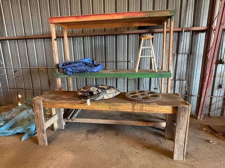 (2) WOODEN SHELVES, TARP, DEERE BLIND, AND A MARTIN 80R72 DSPC SPROCKET ...