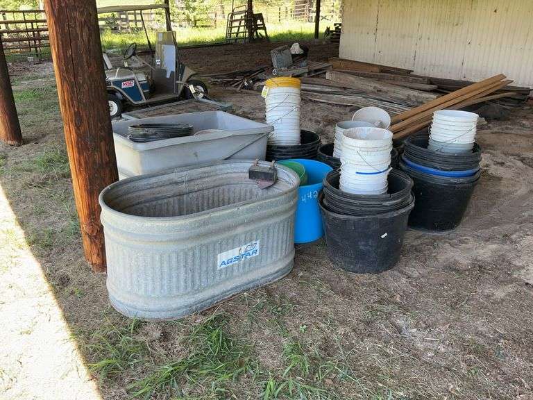 Galvanized Metal Trough (Rusted Bottom), Feed Buckets, and Five-Gallon Buckets