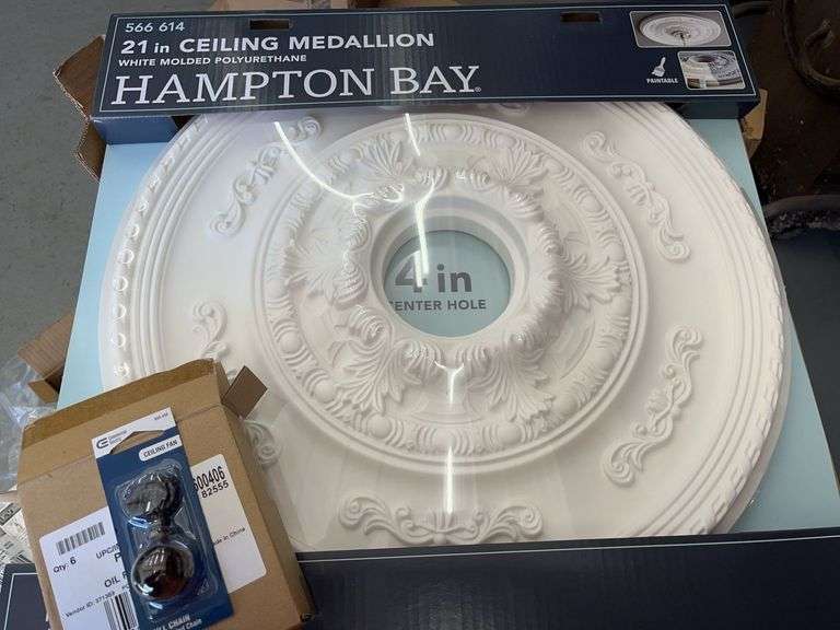 21in ceiling medallion and box of ceiling fan pull chains
