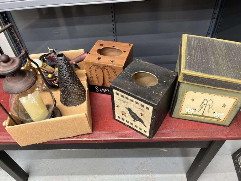 Tissue boxes, light up candles, decorative boxes (bench not included)