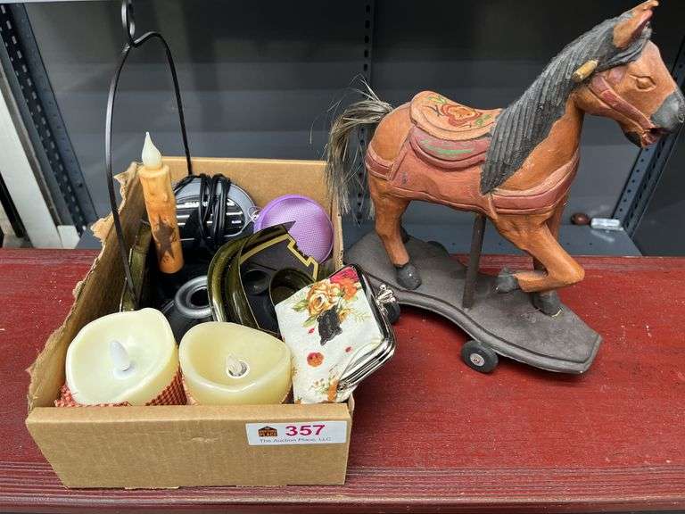 Alarm clock, change purses, light up candles, candle holders, homemade horse toy