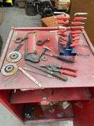 Large metal rolling cabinet with tools and miscellaneous