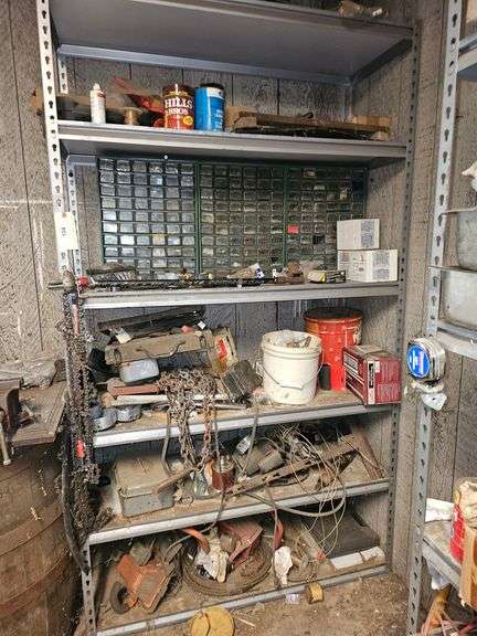 Metal shelving unit and contents