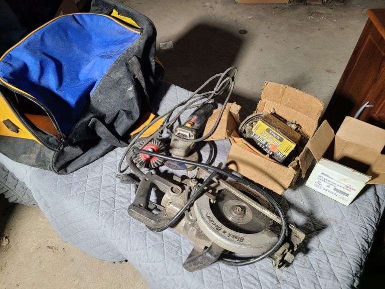 B&D worm drive saw, Ryobi angle grinder, and more