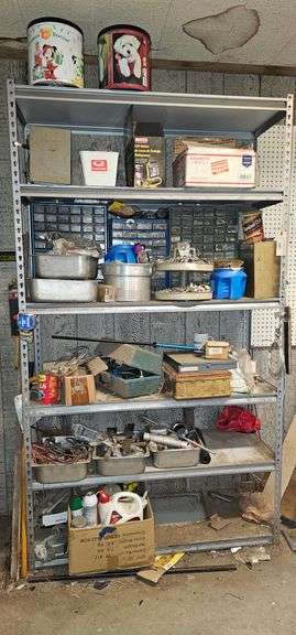 Metal shelving unit and contents