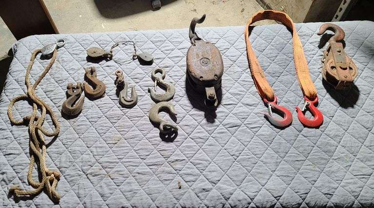 Pulleys, hooks, lift strap, and rope
