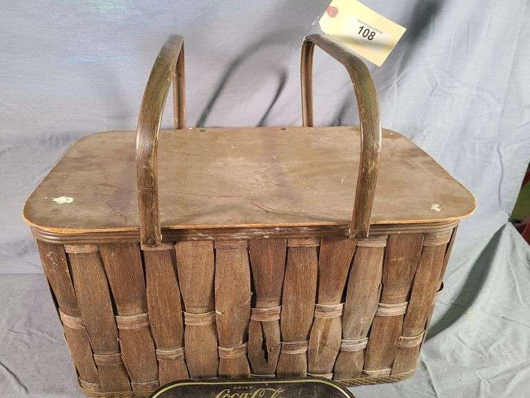 Vintage Picnic Basket, Metal Bread Box & misc. fabric & notions